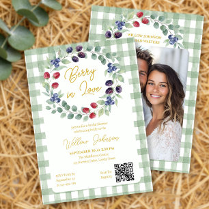 Sagegrön Berry in Love Gingham Bröllopsdusch Inbjudningar