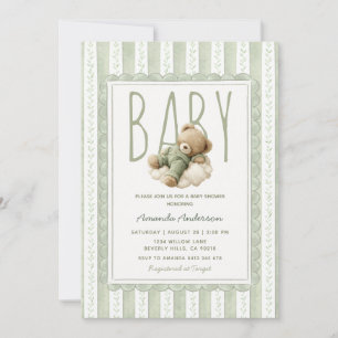 Sagegrön björn baby shower blomränder inbjudningar