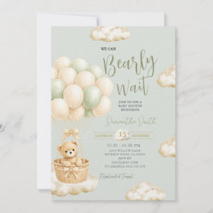 Sagegrön björnballong Neutral baby shower inbjudan