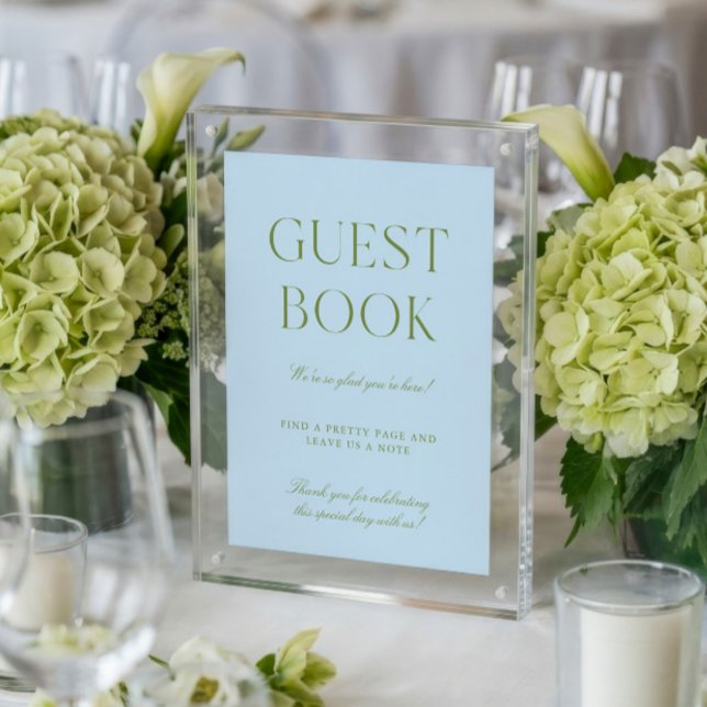 Sagegrön & Blå Bröllop Gästboksskylt Inbjudningar (Sage Green & Blue Wedding Guest Book Sign)