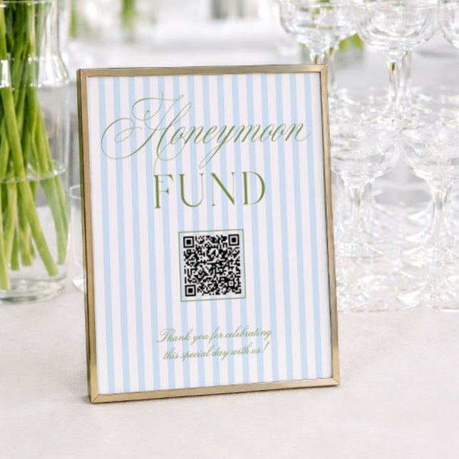 Sagegrön & Blå Bröllopsfond QR-kodskylt (Sage Green & Blue Honeymoon Fund QR Code Sign)
