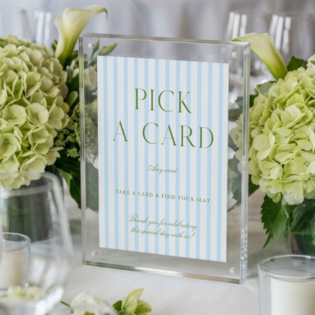 Sagegrön & Blå Bröllopskortskylt Inbjudningar (Sage Green & Blue Wedding Pick a Card Sign)