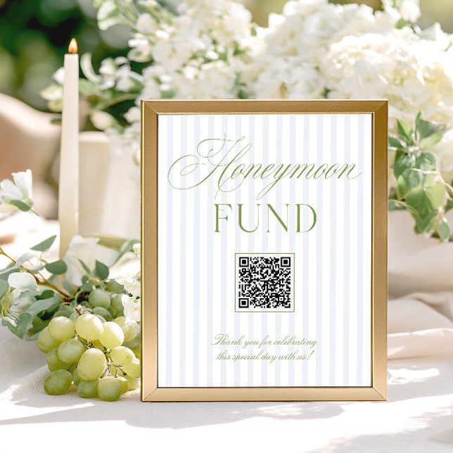 Sagegrön & Blå Honeymoon Fond QR-kod skylt (Sage Green & Blue Honeymoon Fund QR Code Sign)