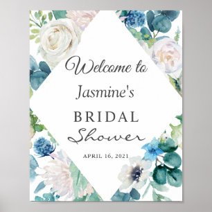 Sagegrön Blå Vit Blommig Bröllopsfestskylt Poster