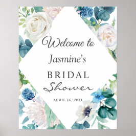 Sagegrön Blå Vit Blommig Bröllopsfestskylt Poster