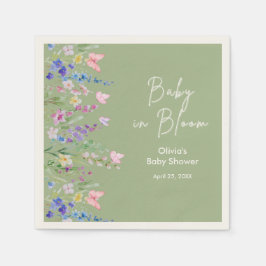 Sagegrön blommande baby i blom Baby Shower   Pappersservett