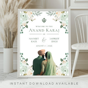 Sagegrön blommig Anand Karaj bröllops välkomstskyl Poster