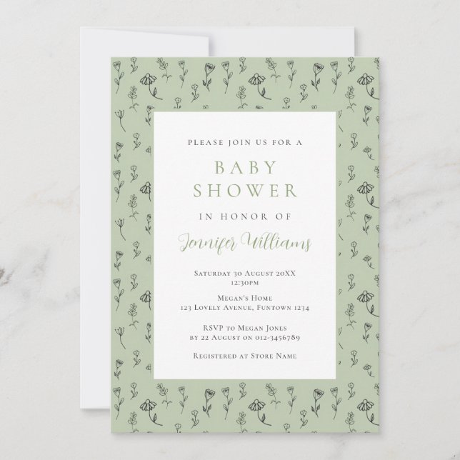 Sagegrön Blommig Baby Shower Inbjudan (Framsida)