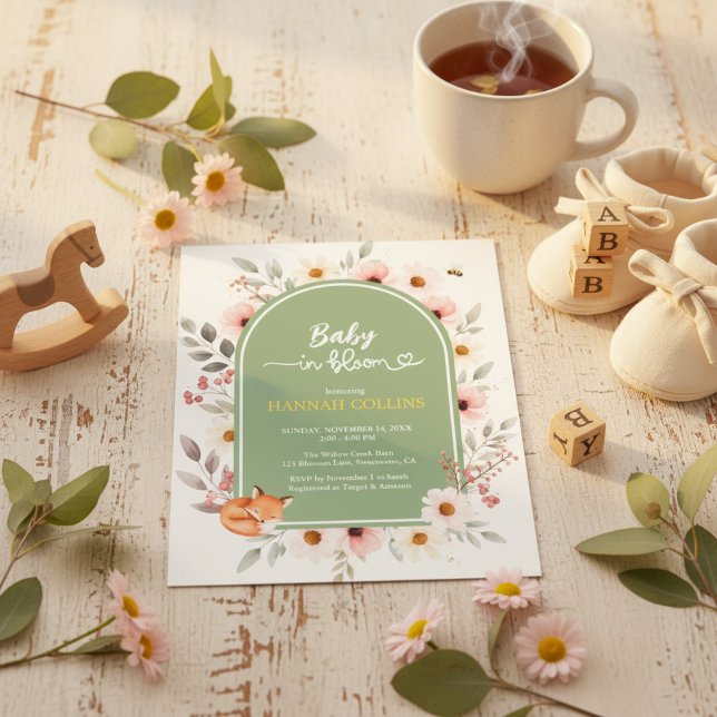 Sagegrön Blommig Baby Shower Rävinbjudan Inbjudningar (Skapare uppladdad)