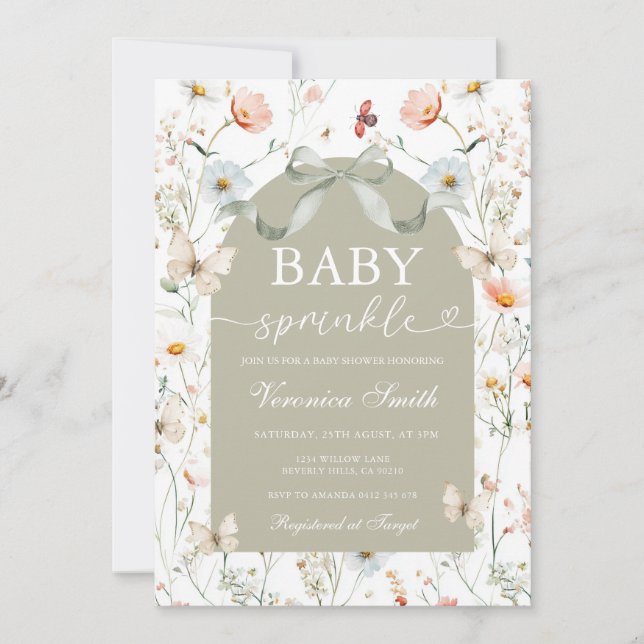 Sagegrön Blommig Baby Sprinkle Barnkalas Inbjudan (Framsida)