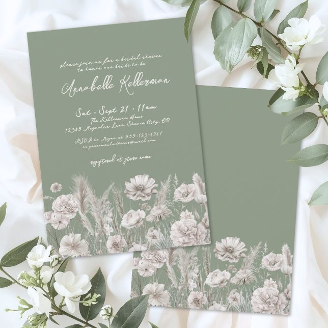 Sagegrön Blommig Boho Bröllopsdusch Inbjudningar (Sage Green Floral Boho Bridal Shower Invitation)