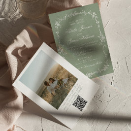 Sagegrön Blommig Boho Chic Foto QR-kod Bröllop Inbjudningar