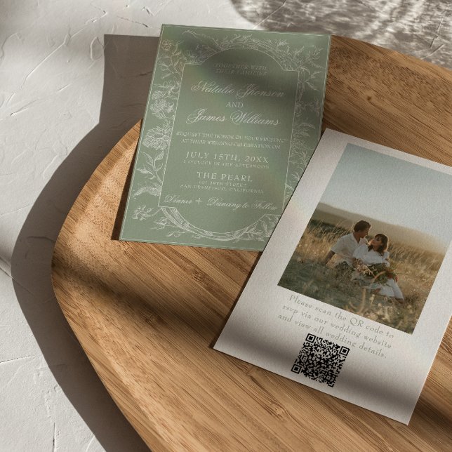 Sagegrön Blommig Boho QR-kod Foto Bröllop Inbjudningar (Skapare uppladdad)