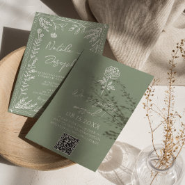 Sagegrön Blommig Botanisk Boho QR-kod Bröllop Inbjudningar
