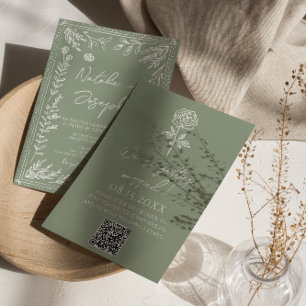 Sagegrön Blommig Botanisk Boho QR-kod Bröllop Inbjudningar