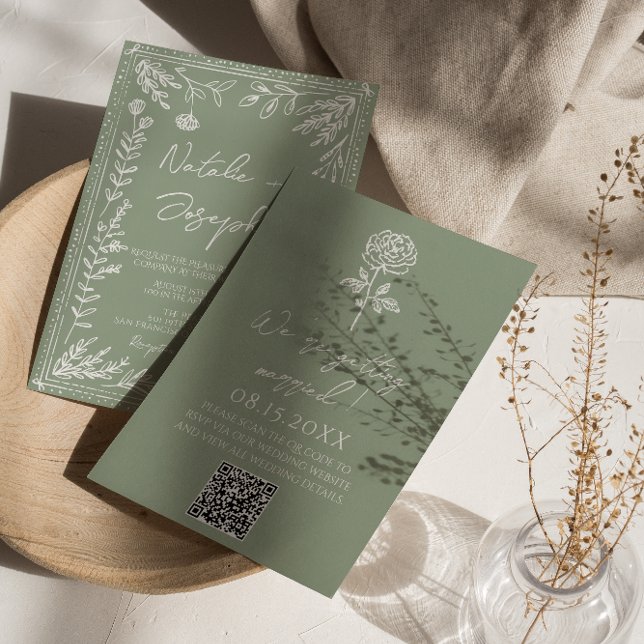 Sagegrön Blommig Botanisk Boho QR-kod Bröllop Inbjudningar (Skapare uppladdad)