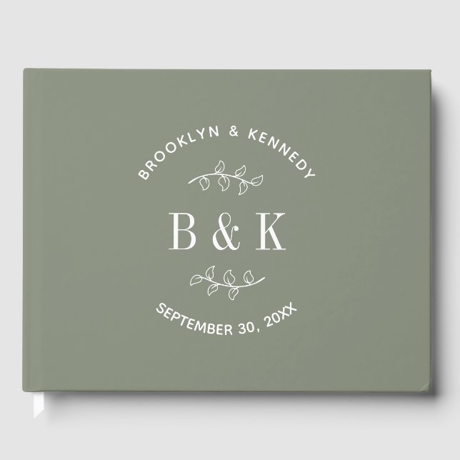 Sagegrön Blommig Botanisk Monogram Par Namn Gästböcker (Framsida)
