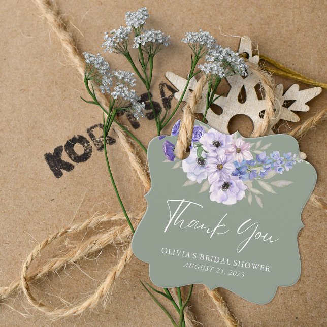 Sagegrön Blommig Bröllopsfest Tack Gåvor Etiketter (Sage Green Flower Script Bridal Shower Thank You Favor Tags)