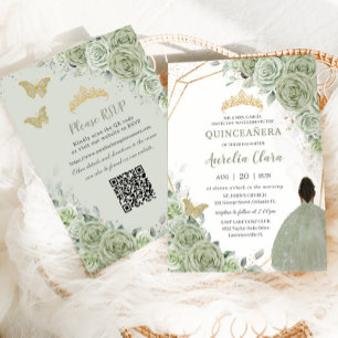 Sagegrön Blommig Brun Prinsessa Quinceañera QR Inbjudningar