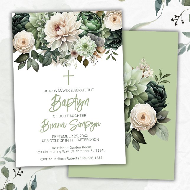 Sagegrön Blommig Dopceremoni Inbjudningar (Skapare uppladdad)