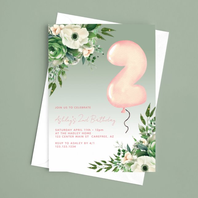Sagegrön Blommig Elegant 2-årsdag Inbjudningar (Skapare uppladdad)