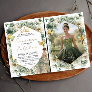 Sagegrön Blommig Fjäril Foto Quinceañera Inbjudningar
