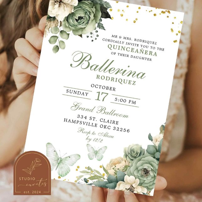 Sagegrön Blommig Fjäril Quinceanera Inbjudningar (Skapare uppladdad)