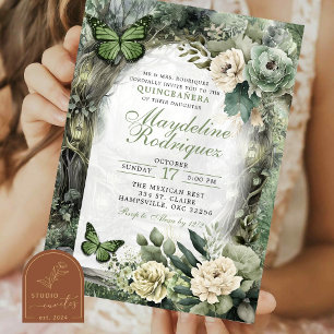 Sagegrön Blommig Förtrollad Skog Quinceanera Inbjudningar