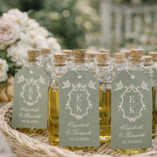 Sagegrön Blommig Gammal Pengar Monogram Vapen Bröl Presentetikett