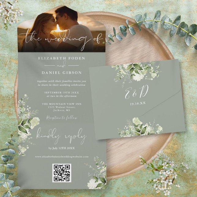 Sagegrön Blommig Grönska QR-kod Bröllopsfoto (Sage Green Floral Greenery QR Code Wedding Photo All In One Invitation)