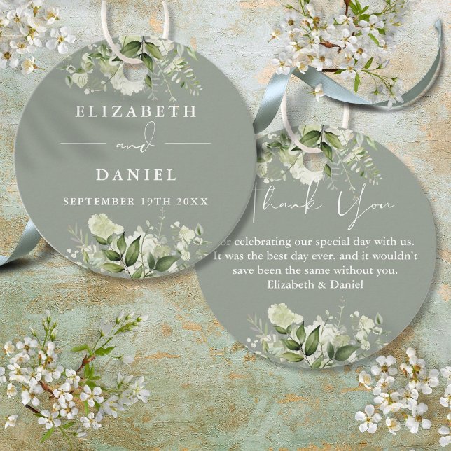 Sagegrön Blommig Grönska Tack Bröllop Gåvor Etiketter (Sage Green Floral Greenery Thank You Wedding Favor Tags)