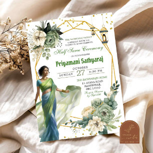 Sagegrön Blommig Halv Saree Indien Ceremoni Inbjudningar