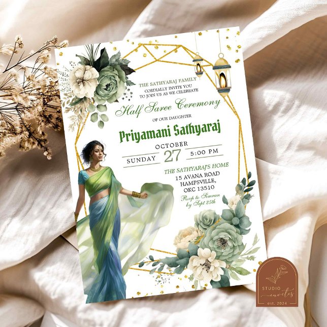 Sagegrön Blommig Halv Saree Indien Ceremoni Inbjudningar (Skapare uppladdad)