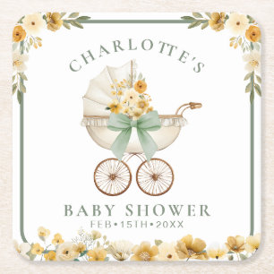 Sagegrön Blommig Körvagn Babyshower Coaster Underlägg Papper Kvadrat