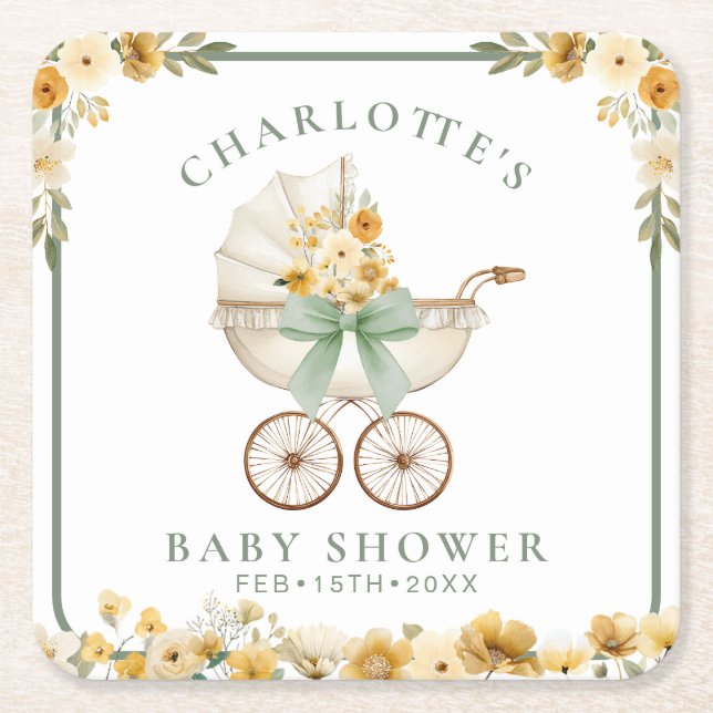 Sagegrön Blommig Körvagn Babyshower Coaster Underlägg Papper Kvadrat (Framsidan)