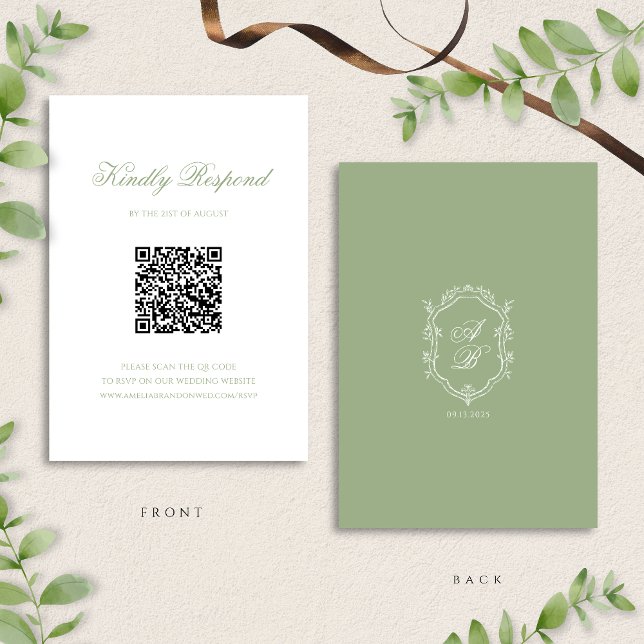 Sagegrön Blommig Monogram Tecken Bröllops QR-kod OSA Kort (Skapare uppladdad)