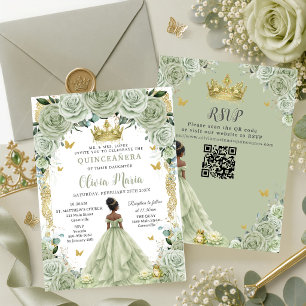 Sagegrön Blommig Princess och Groda Quinceañera QR Inbjudningar
