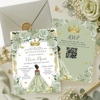 Sagegrön Blommig Princess och Groda Quinceañera QR Inbjudningar