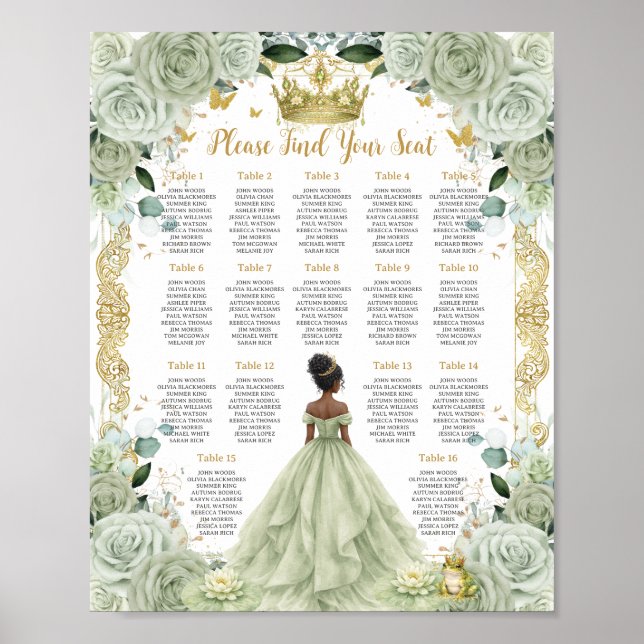 Sagegrön Blommig Prinsessa och Groda Sittplatskart Poster (Framsidan)