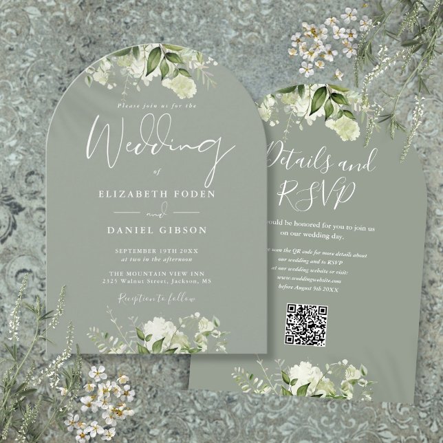 Sagegrön Blommig QR-kod Bröllopsbåge Inbjudningar (Sage Green Floral QR Code Wedding Arch Invitation)