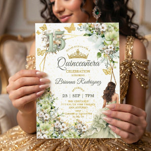 Sagegrön Blommig Quinceañera Med Gyllene Fjärilar Inbjudningar