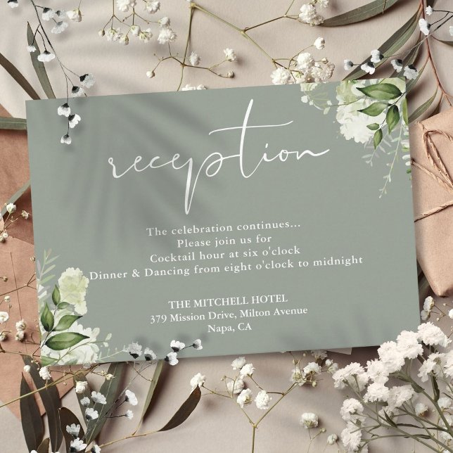 Sagegrön Blommig Skript Bröllopsmottagning Tilläggskort (Sage Green Floral Script Wedding Reception Enclosure Card)