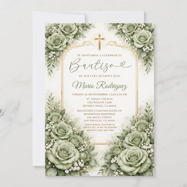Sagegrön Blommig Spansk Dop Religion Kors Inbjudningar (Framsida)