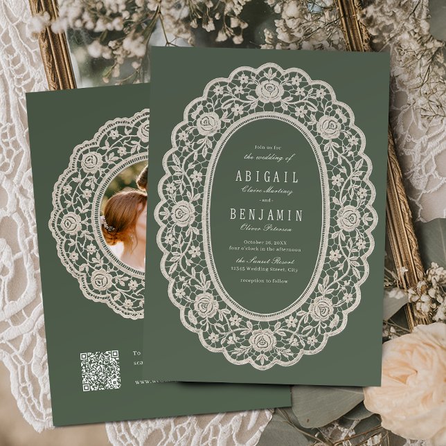 Sagegrön Blommig Vintage Spets Klassisk Bröllop Inbjudningar (Sage Green Floral Vintage Lace Classic Wedding Invitation)