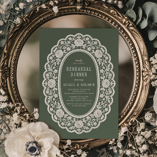 Sagegrön Blommig Vintage Spets Övningsmiddag Inbjudningar (Sage Green Floral Vintage Lace Rehearsal Dinner Invitation)