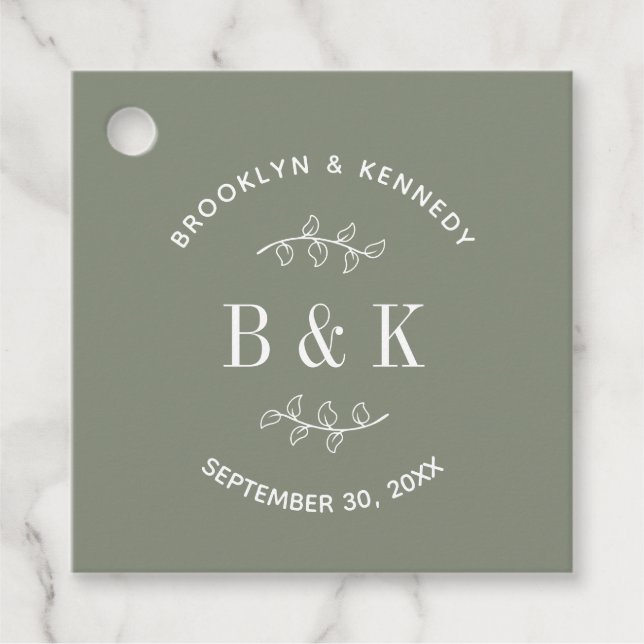 Sagegrön blomster botanisk monogram kopplat namn gåvor etiketter (Framsida)