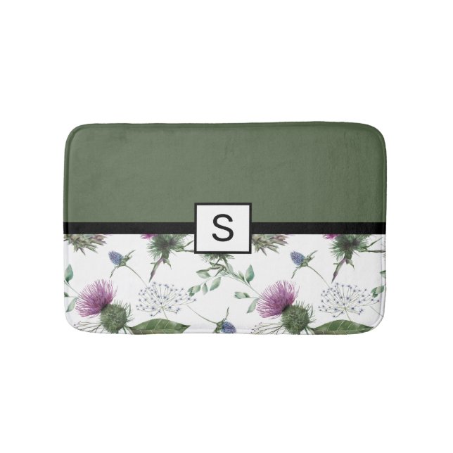 Sagegrön blomster monogram badrumsmatta (Framsidan)