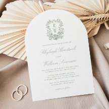 Sagegrön blomster monogram kransvalv bröllop