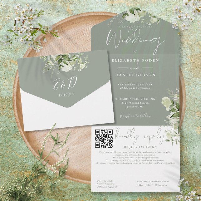Sagegrön blomster monogram QR-kod bröllop (Sage Green Floral Monogram QR Code Wedding All In One Invitation)