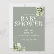 Sagegrön blomster QR-kod Baby Shower-inbjudan
